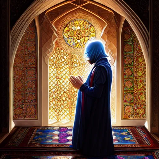 Prompt: lionel messi praying in a mosque, d & d style, fantasy, intricate, elegant, highly detailed, digital painting, artstation, concept art, matte, sharp focus, illustration, art by artgerm and greg rutkowski and alphonse mucha