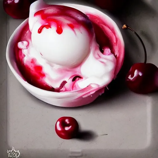 Image similar to beautiful susu cherry crush ice cream melt with a cherry on top, painted by greg rutkowski