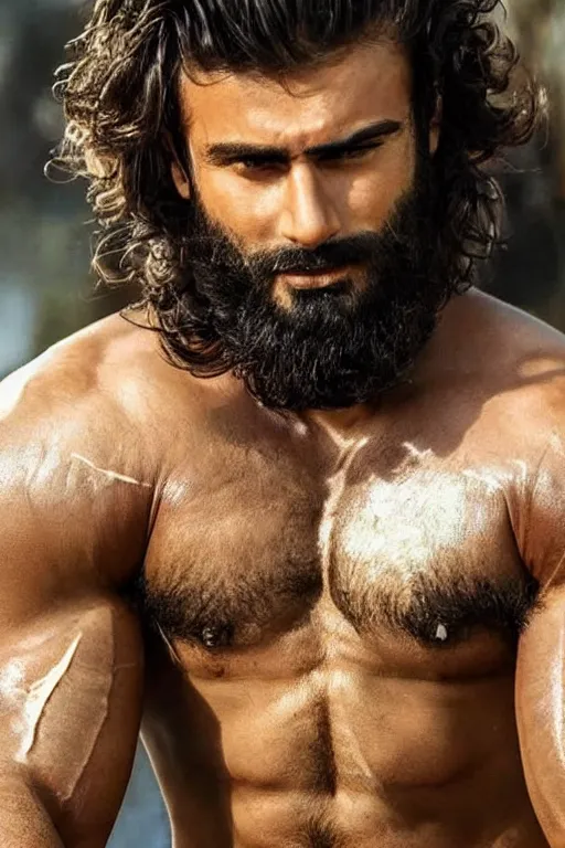 Prompt: beautiful gigachad with slick brown beard, wavy hair, huge glistening muscles, many scars, wearing golden armour. bollywood action movie still.