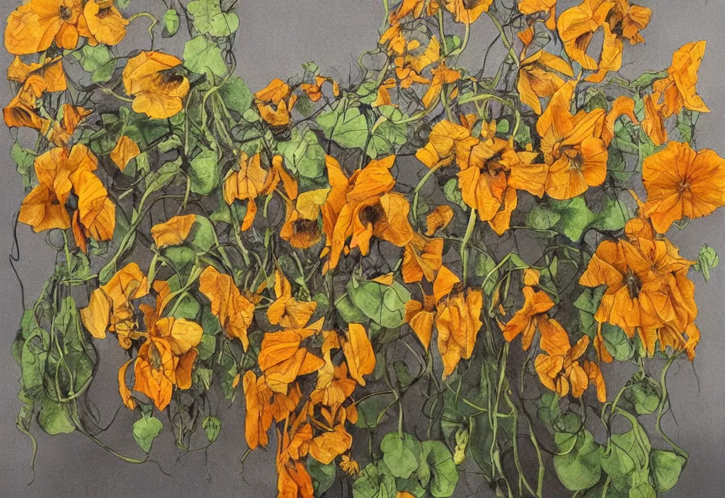Prompt: award winning fine artwork about withered sunflowers and dry nasturtiums with vines, dark tones