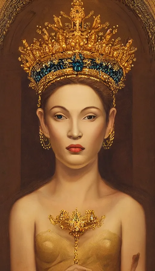 Prompt: portrait of a goddess wearing a crown, smooth painting, ultra realistic, symmetrical, highly detailed, golden