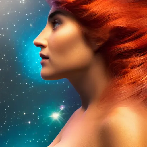 Prompt: Side profile portrait of attractive Greek celestial goddess with an aquiline nose looking down with a gentle smile. Her blue face is emerging from her big wavy orange hair with pink highlights. Her hair fills most of the image. Hubble space telescope image of nebula.