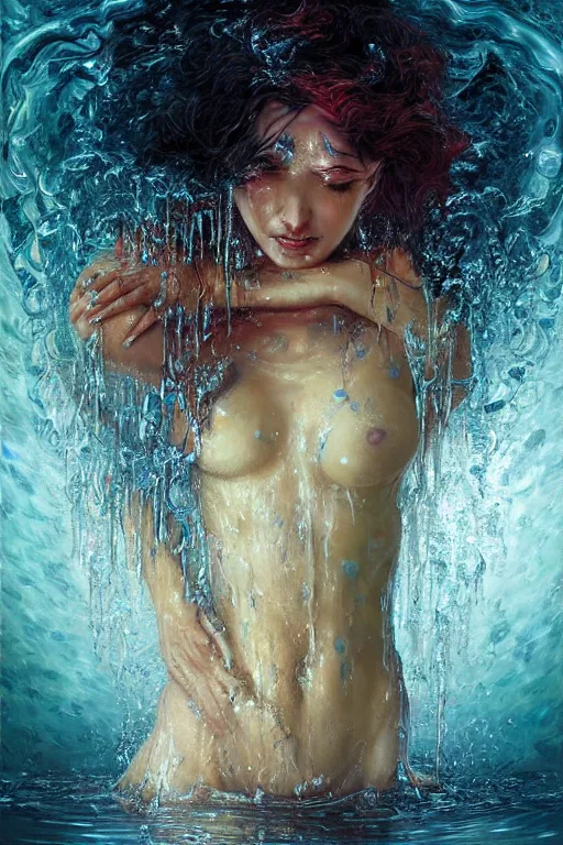 Prompt: portrait of a beautiful woman, drenched body, emerging from the water, dark fantasy, regal, fractal crystal, fractal gemstones, by stanley artgerm lau, thomas kindkade, loish, norman rockwell