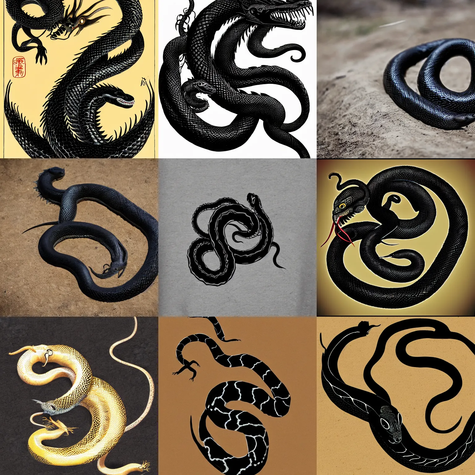 Prompt: black dragon looking snake