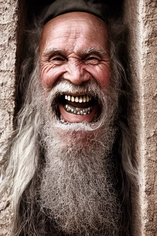 Image similar to a old laughing happy old man with female long hair, long beard, female body, by steve mccurry