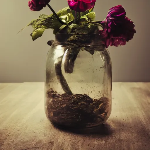 Prompt: photo of a man in a jar on a table, flower still life, close up, studio lighting