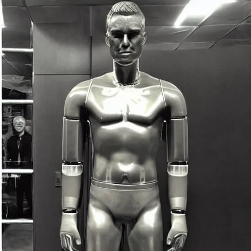 Image similar to “a realistic detailed photo of a guy who is an attractive humanoid who is half robot and half humanoid, who is a male android, boxer Canelo Álvarez, shiny skin, posing like a statue, blank stare”