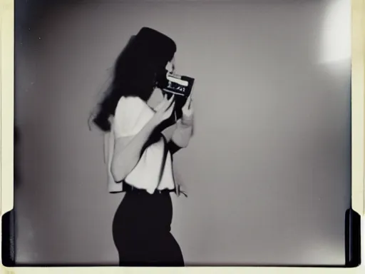 Image similar to beatnik girl holding a Polaroid camera, film still by Jean-Luc Godard, nouvelle vague, color film