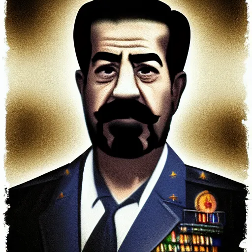 Image similar to portrait of Saddam Hussein, Baghdad skyline background, washed out colors, ambient lighting, dynamic lighting, lens flare, 4K, HQ, official media, detailed, trending on artstation