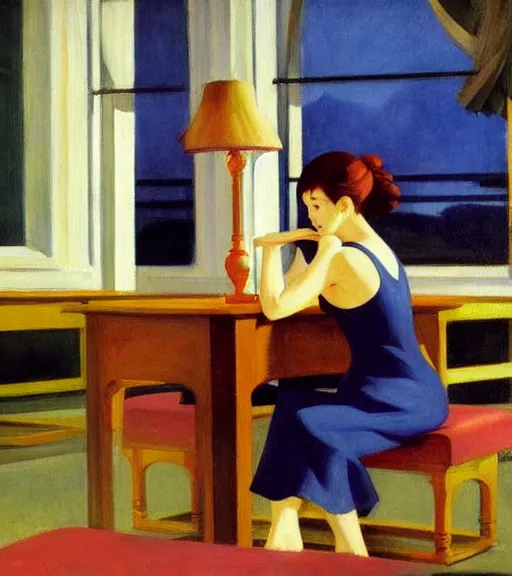 Prompt: edward hopper painting of an anime woman