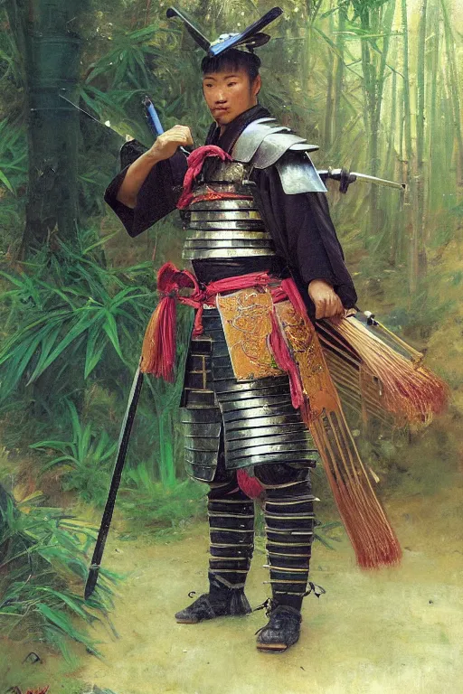 Image similar to close up of samurai warrior in full armor, in a bamboo forest, by vladimir volegov and alexander averin and delphin enjolras and daniel f. gerhartz