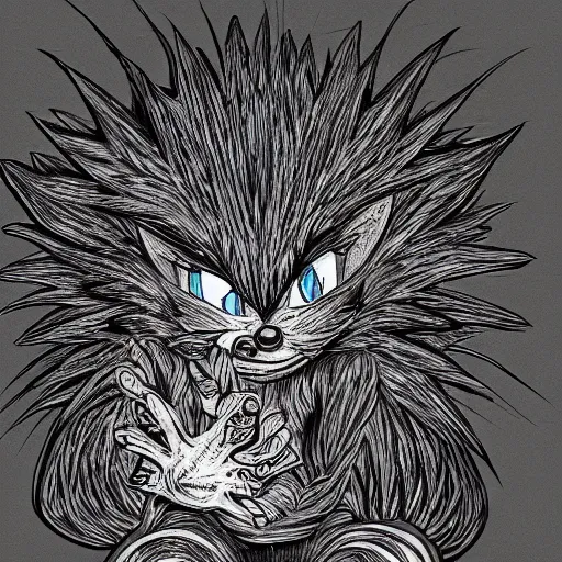 Prompt: low angle shot of a horrifying sonic the hedghehog, by Junji ito, intricate, elegant, highly detailed, centered, digital painting, artstation, concept art, smooth