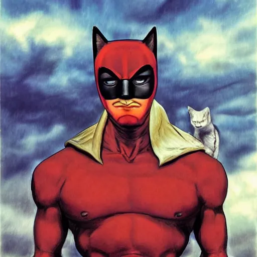 Prompt: catman on a highway, cat head, superhero body, rob liefeld, photorealism,
