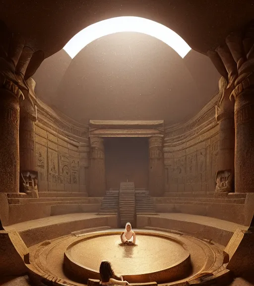 Image similar to fantasy movie scene greg rutkowski digital painting of an ornate and royal egyptian antechamber tomb, a circular pool with a galaxy inside, unreal engine, hyper realism, realistic shading, cinematic composition, blender render, octane render, hdr, detailed textures, photorealistic, ultrawide shot, 3 5 mm film