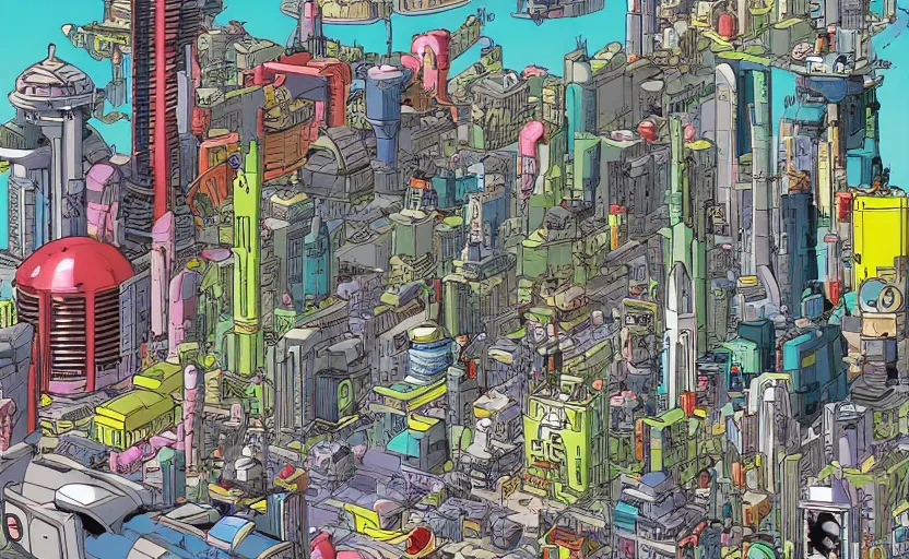 Prompt: sci fi city in style of akira toriyama and moebius