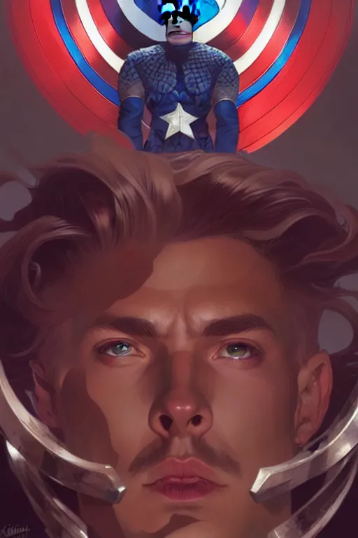 Image similar to a portrait of cosmic captain america, fantasy, sharp focus, intricate, elegant, digital painting, artstation, matte, highly detailed, concept art, illustration, ambient lighting, art by ilya kuvshinov, artgerm, alphonse mucha, and greg rutkowski