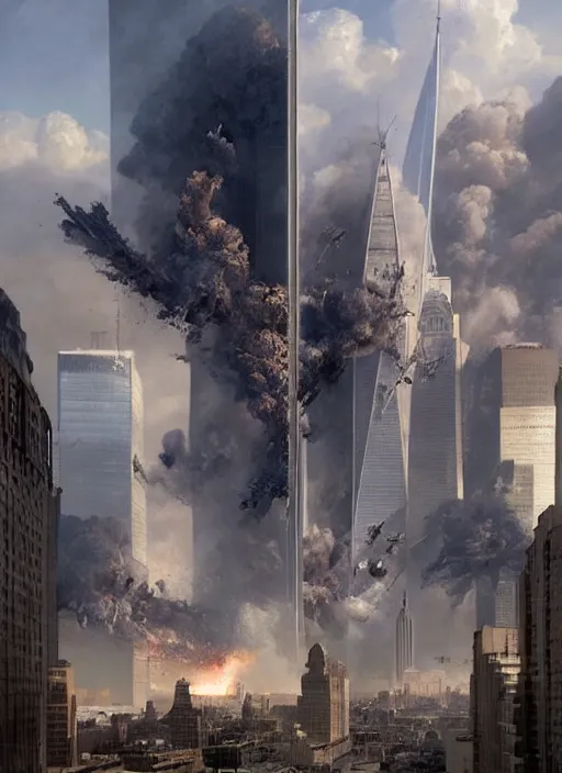 Prompt: hyper realistic 9 / 1 1 terrir attacks, atmospheric beautiful details, strong composition painted by kim jung giu weta studio rutkowski, james gurney and greg rutkowski, and lucasfilm