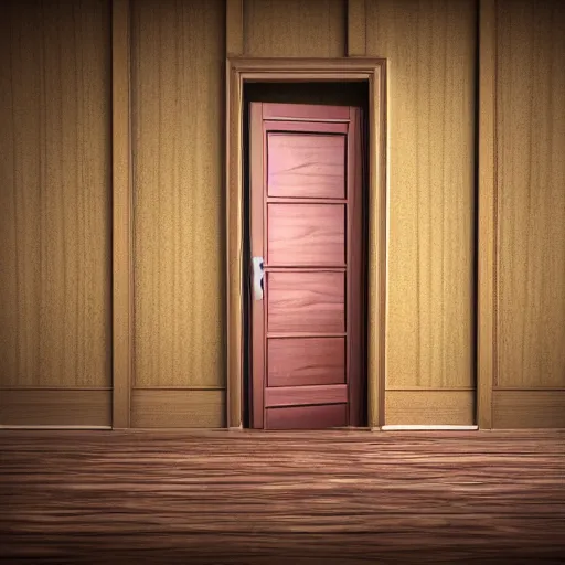 Image similar to photography, 3 d render, monster, door, wood floor