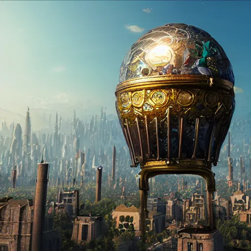 Prompt: enormous flying city in a gigantic faberge egg, sky, steampunk, fantasy art, unreal engine,
