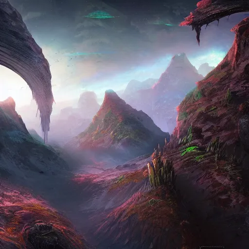 Image similar to stunning fantasy landscape, alien world, very detailed, 8k, trending on artstation