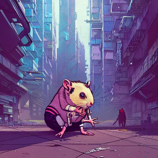 Image similar to A cyberpunk hamster cyborg on the street of a cyberpunk city art by Josan Gonzalez, sci-fi, highly detailed, digital painting, artstation, smooth, sharp focus, illustration, concept art by Josan Gonzalez and James Gurney and Mœbius