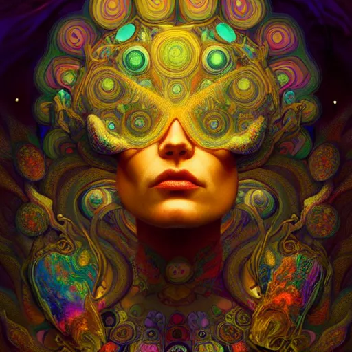 Image similar to An extremely psychedelic experience, colorful, surreal, dramatic lighting, magic mushrooms, psilocybin, LSD, face, detailed, intricate, elegant, highly detailed, digital painting, artstation, concept art, smooth, sharp focus, illustration, art by Krenz Cushart and Artem Demura and alphonse mucha