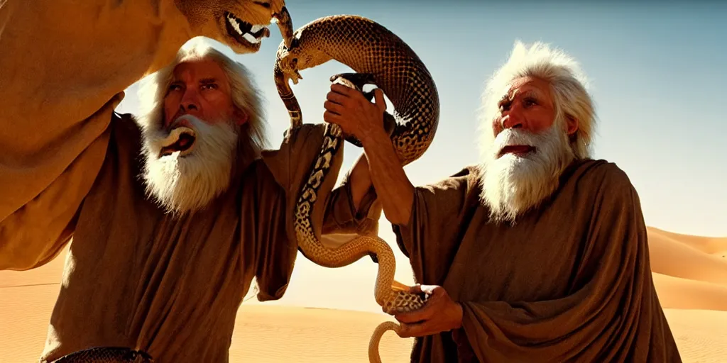 Image similar to a wise old man with a long white beard wearing a hooded tunic, riding a lion in the desert, the man in holding a snake as though it where handlebars and the lion is holding the snake in its mouth, epic cinematic establishing shot, dramatic lighting