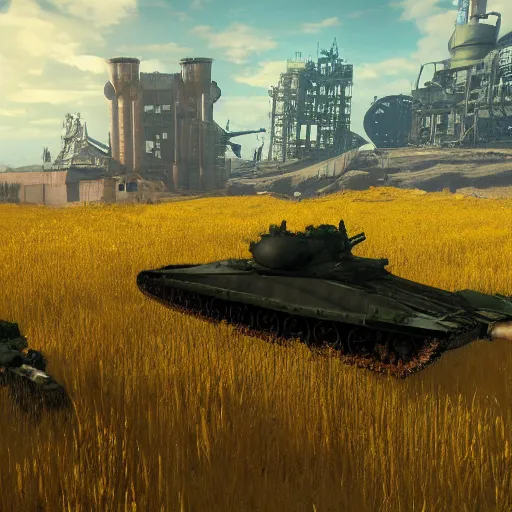 Prompt: a high resolution very detailed image of russian tank final boss battle from nier : automata in yellow rye field under pure blue skies