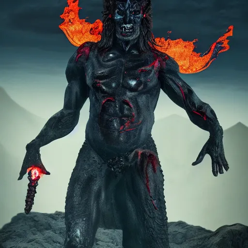 Image similar to Full body photo of asmodeus, he has eyes of fire, he is looking straight to the camera, he has a glow coming from him, she is getting illuminated by lava, behind is an ancient hellscape, the photo was taking by Annie Leibovitz, matte painting, oil painting, naturalism, 4k, 8k