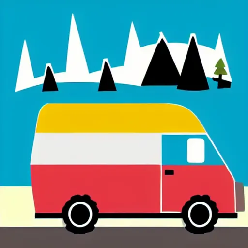 Image similar to a white and black cute thor chateau! motorhome camper!!, highway, colorful mountains and sunset!!, very happy, minimal vector sticker by tom whalen, sanja stikovic