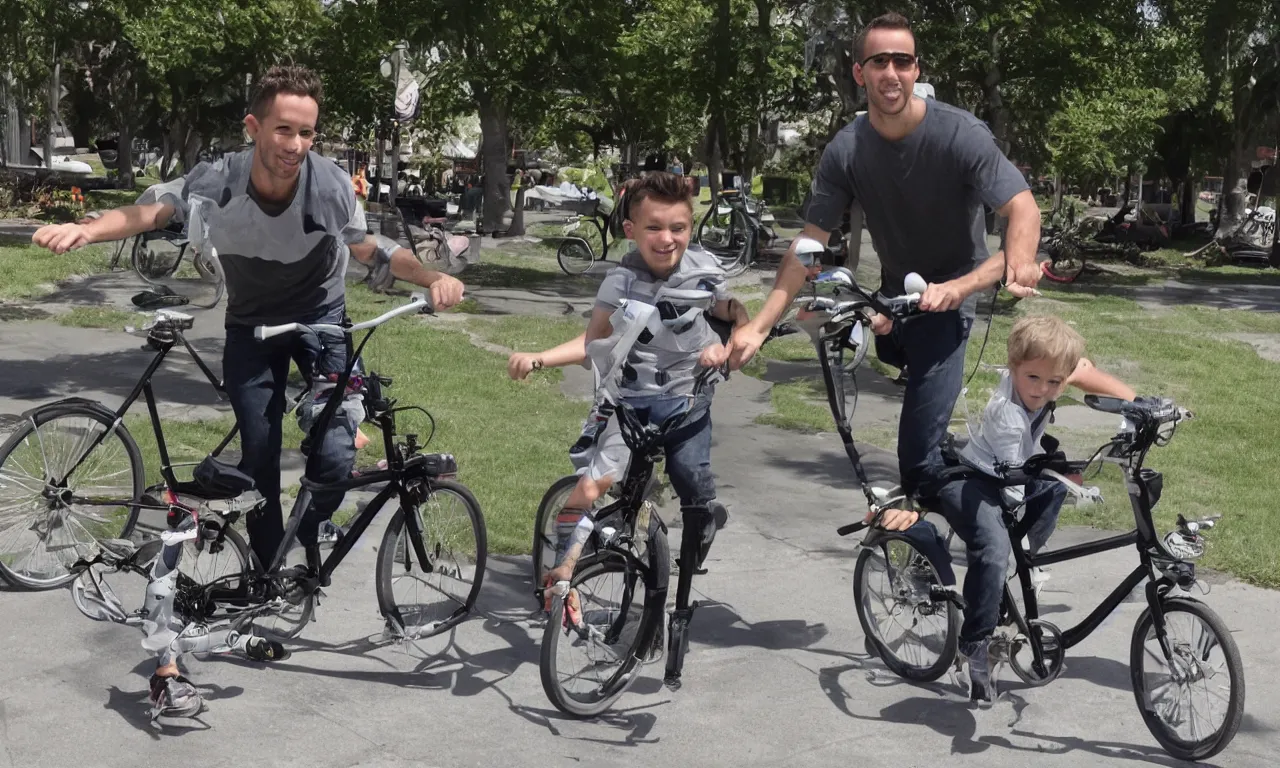 Prompt: ryan renolds playing on a childrens bicycle