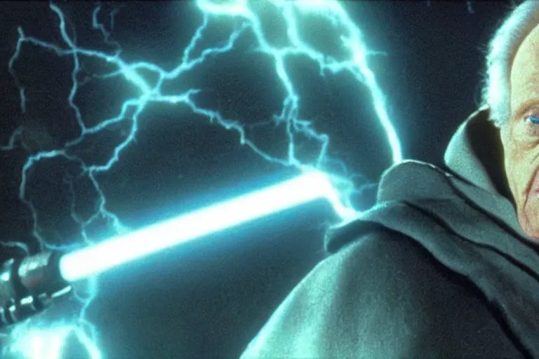 Image similar to (a cinematic still from return of the jedi!!), palpatine force lightning