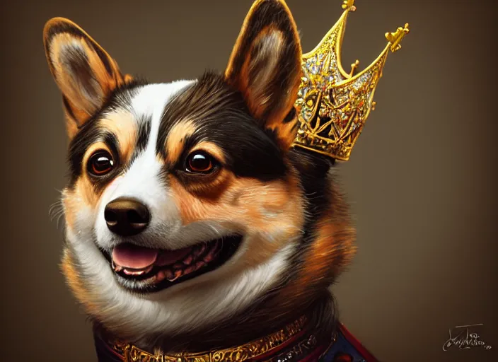 Image similar to highly detailed illustration of a portrait of a regal corgi wearing a crown, artstation, cinematic lighting, hyperdetailed, cgsociety, 8k, high resolution, Charlie Bowater, Tom Bagshaw, Norman Rockwell, insanely detailed and intricate