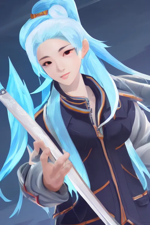 Image similar to a south korean female from paladins, white ponytail hair, she is holding a kunai, wearing light blue jacket, highly detailed digital art, character design, masterpiece