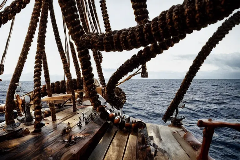 Image similar to product shot kraken rum on an old pirate ship, giant tentacle by emmanuel lubezki