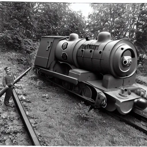 Prompt: WW2 era photograph of 800mm German artillery Dora from WW2 with Thomas the Tank Engine face