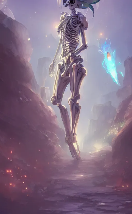 Image similar to a beautiful illustration of a skeleton nectomancer, scenic full shot, ambient lighting, by artgerm, makoto shinkai, wlop, rossdraws, featured on artstation, vertical orientation