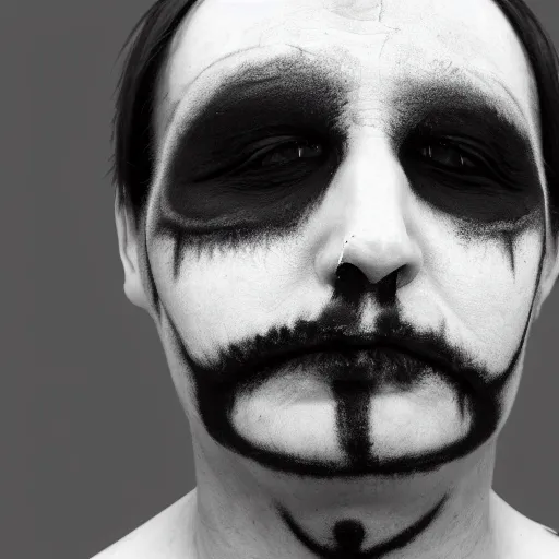 Prompt: Mugshot of a murderer dressed in black with corpse face paint, 1996, police mugshot portrait, black and white, focus, 8k resolution