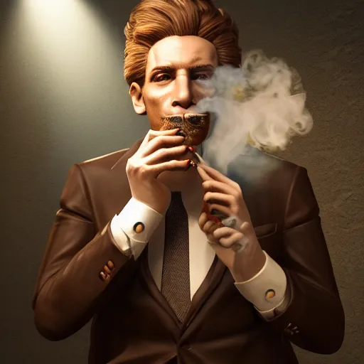 Image similar to a lion smoking a cigar wearing a suit, subject= lion, subject detail: wearing a suit, subject action: smoking a cigar, dramatic lighting, cinematic lighting, establishing shot, photorealistic, high details, cinematic, 8k resolution, extremly detailed, photorealistic, artstation, unreal engine