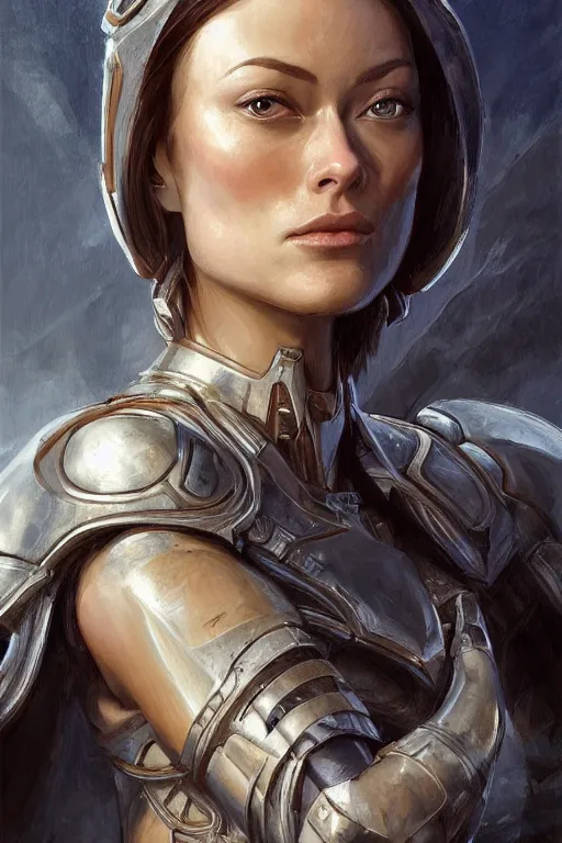 Image similar to a professional painting of a young Olivia Wilde, clothes in military armor, olive skin, long dark hair, beautiful bone structure, symmetrical facial features, intricate, elegant, digital painting, concept art, smooth, sharp focus, illustration, from StarCraft by Ruan Jia and Mandy Jurgens and Artgerm and William-Adolphe Bouguerea