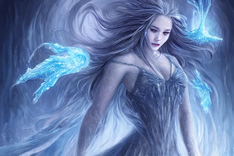 Image similar to Majestic beautiful young female ice goddess!! fighting a beautiful evil fire goddess!! intricate, epic, elegant, menacing, fantasy, highly detailed, digital painting, hard focus, beautiful volumetric lighting, epic light, ultra detailed, souls, smoke, icicle, frozen by Leesha Hannigan, Ross Tran, Thierry Doizon, Kai Carpenter, Ignacio Fernández Ríos