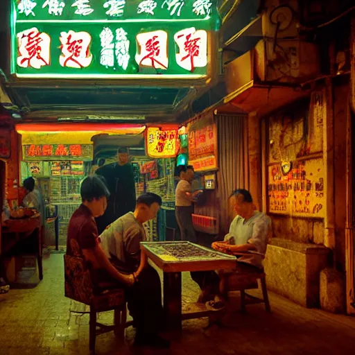 Prompt: a group of men playing mahjong and smoking cigarettes inside a store in kowloon walled city. Water pipes overhead are leaking. Neon signs light the dark alleys