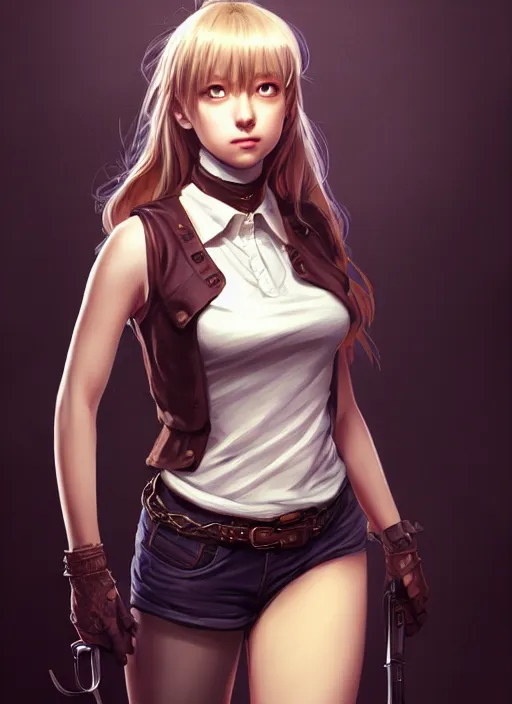 Image similar to portrait of a full body of beautiful young female detective, d & d, sleeveless turtleneck, fantasy, flat lighting, intricate, highly detailed, digital painting, artstation, concept art, smooth, sharp focus, illustration, misa amane, art by simon bisley and greg rutkowski and alphonse mucha, natural tpose