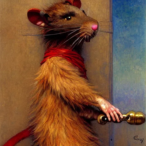 Image similar to furry splinter ninja rat wearing a red kimono hairy furry body furry arms feet. highly detailed painting by gaston bussiere craig mullins jc leyendecker gustav klimt artgerm greg rutkowski