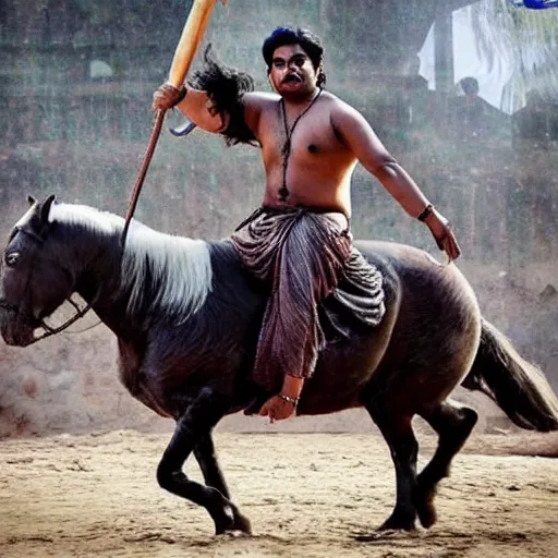 Image similar to tanmay bhat in bahubali ~ on a horse ~