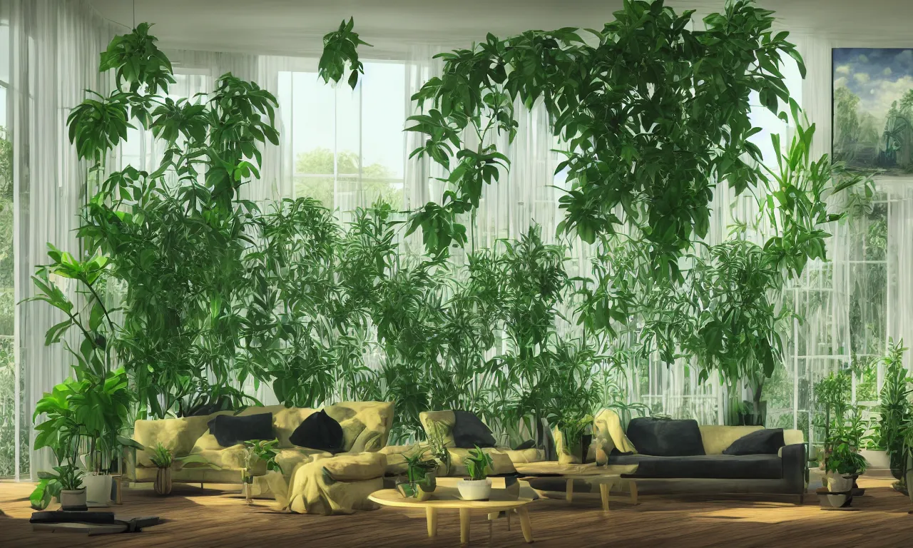 Image similar to comfy green living room with many plants, complicated liminal interior, Lynchian, unsettling, dreamlike with vapor clouds and painting by Henri Rousseau, 3D render by Beeple and Barry Chuckle, layered, parallax effect