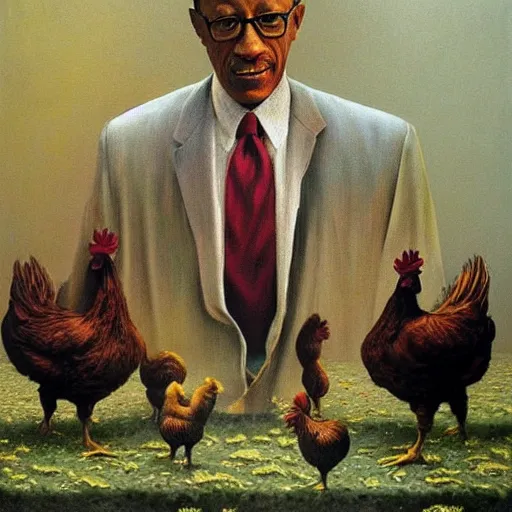 Image similar to gustavo fring and chickens as a zdzisław beksinski painting