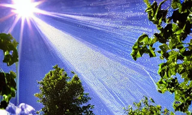 Image similar to beautiful picture of a sunny blue sky with a magical vertical cylindrical tunnel of big upside-down raindrops floating quietly