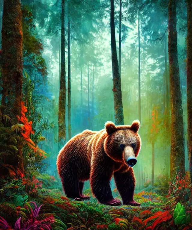 Image similar to a realistic brown bear, walking through a psychedelic forest, wide angle landscape shot, pixar style by tristan eaton, artgerm and tom bagshaw