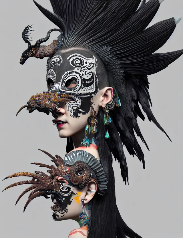 Image similar to 3 d goddess close - up profile portrait punk with mohawk with ram skull. beautiful intricately detailed japanese crow kitsune mask and clasical japanese kimono. betta fish, jellyfish phoenix, bio luminescent, plasma, ice, water, wind, creature, artwork by tooth wu and wlop and beeple and greg rutkowski